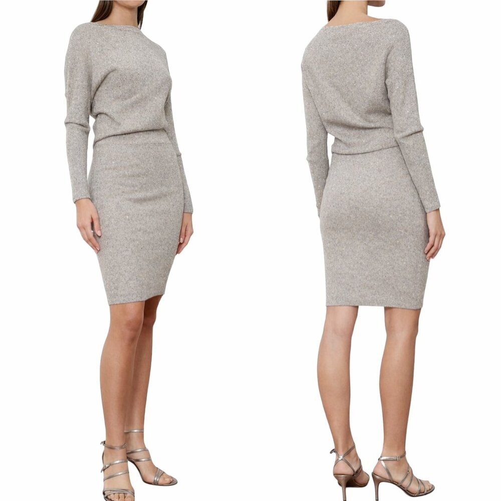 Deluc Daphne Knit Dress Greige Sequin Sweater Dress Size L NWT